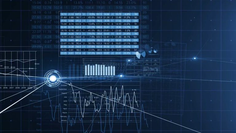various statistics graphs floating through a dark blue technological void, key performance indicators