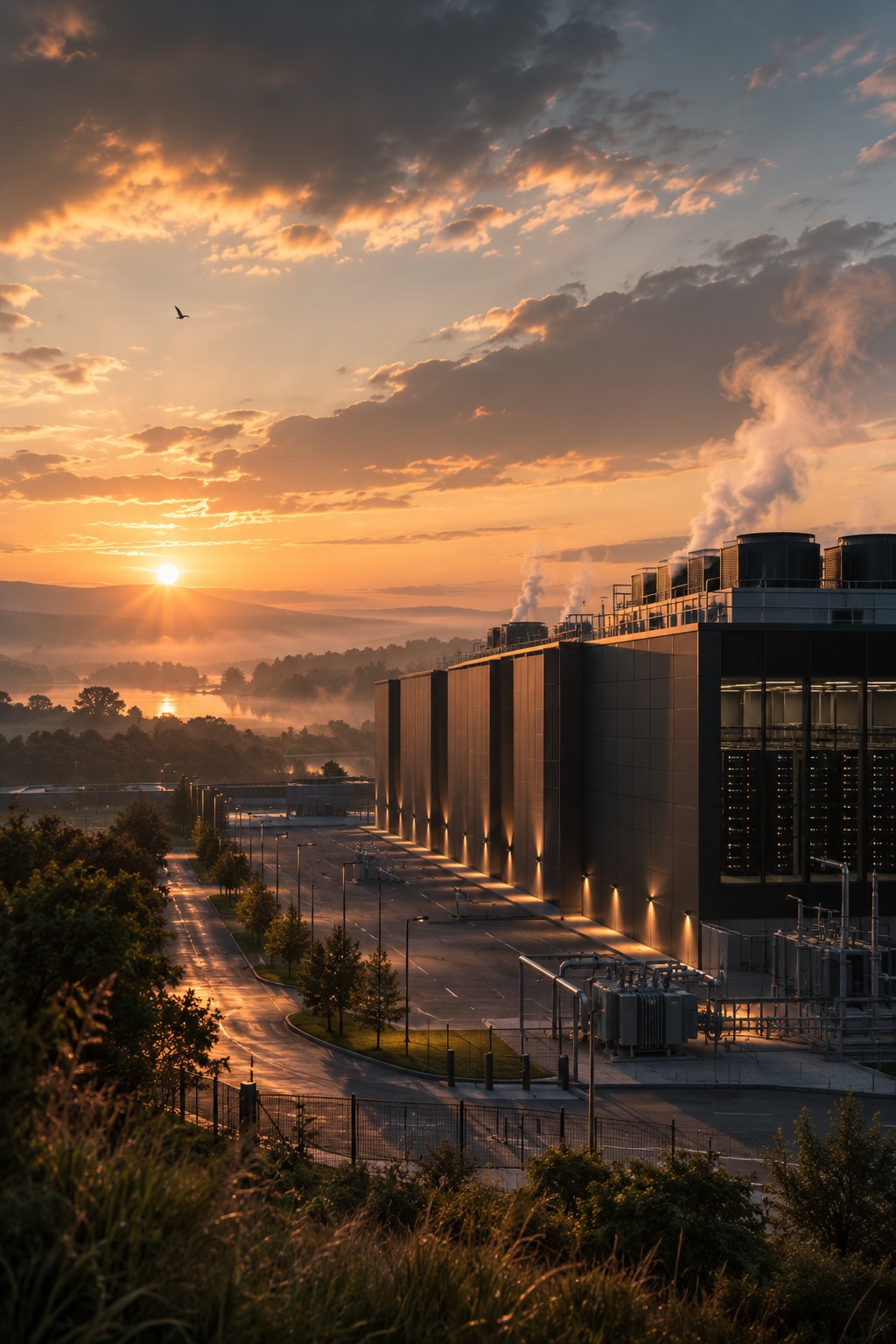 sunrise over a data center, ai generated, data center construction across the united states