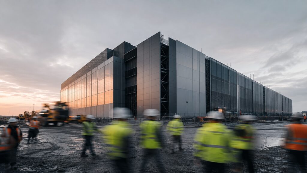 busy exterior construction around a data center, ai generated