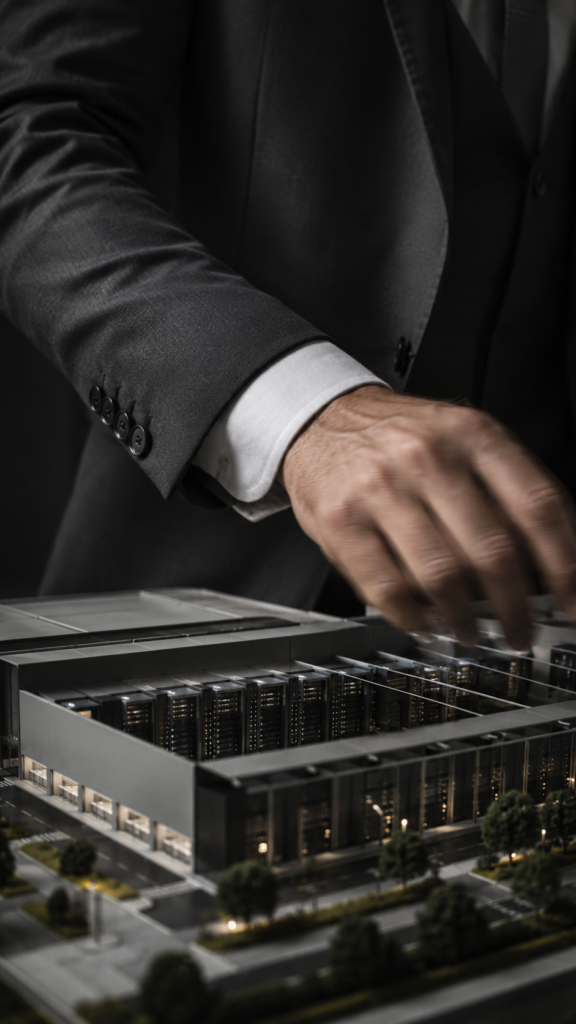 gesturing to a data center model