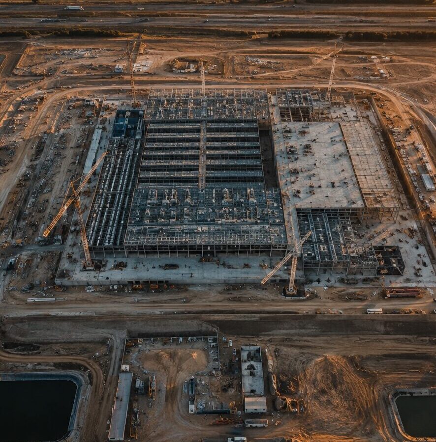 morning aerial view of a data center, ai generated, construction in illinois, kentucky, ohio, tennessee, pennsylvania, connecticut, new hampshire, south carolina, north caronlina