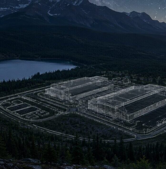nightime render of data center building, aiim process, data center construction across the united states